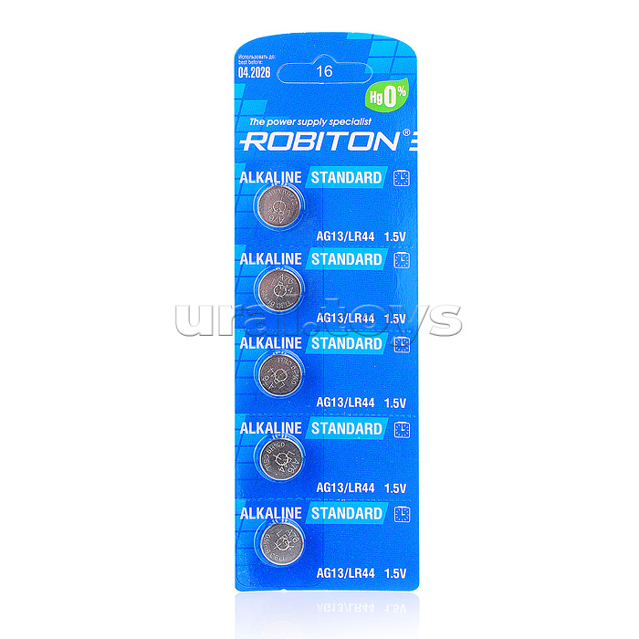 Батарейки алкалиновые ROBITON STANDARD R-AG13-0-BL5 (0% Hg) AG13 LR44 357 A76 МЦ-1154 BL5