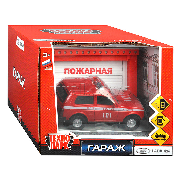 Модель пластик Гараж. LADA 4x4 Пожарная часть 20,5 см, ( крас.) в коробке