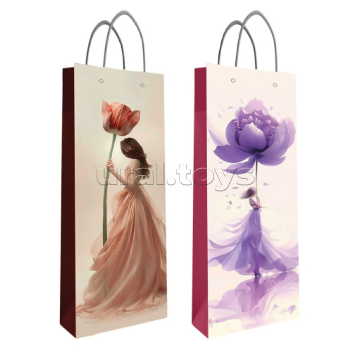 Пакет ламинированный под бутылку "Девушка-цветок" 11х36х9 см, 210гр/м2, микс 2 дизайна