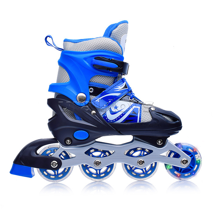 Ролики детские (размер M) черно-синие с белым, PU колёса со светом. в сумке