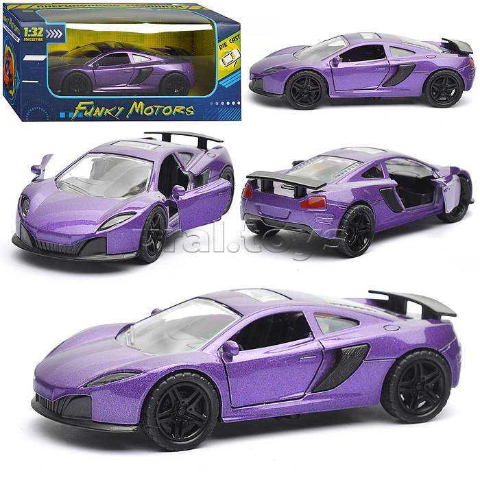 Фиолетовая спортивная инерционная машинка со спойлером, die-cast, 1:32, открывающиеся двери