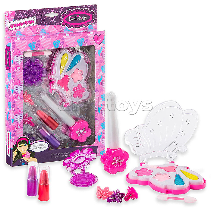 Набор детской декор. косметики Eva Moda,  бабочка с тенями для век 4 оттенка (2,8г), 2 аппликатора, помады 2 оттенка (1,6г), лак для ногтей (7,8г), цветок-футляр с блеском для губ (1,4г), 3 заколки