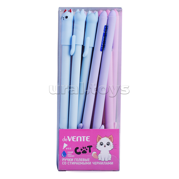 Ручка гелевая стираемая "Cat" d=0,5 мм, цвета корпуса ассорти 3 пастельных цвета, декоративным элементом в форме кошек на колпачке, с ластиком, сменный стержень, индивидуальная маркировка, синяя