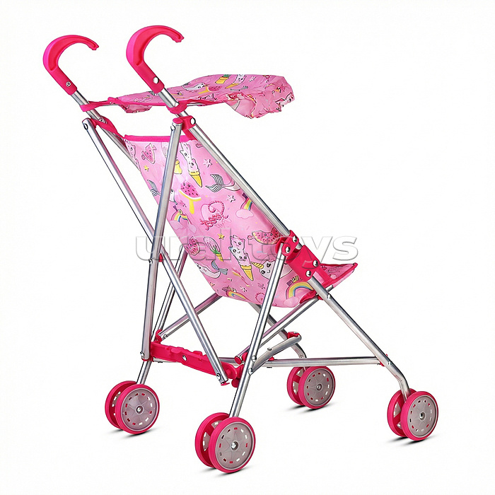 Коляская кукольная трость с крышей, металлическая, принт розовый мир
