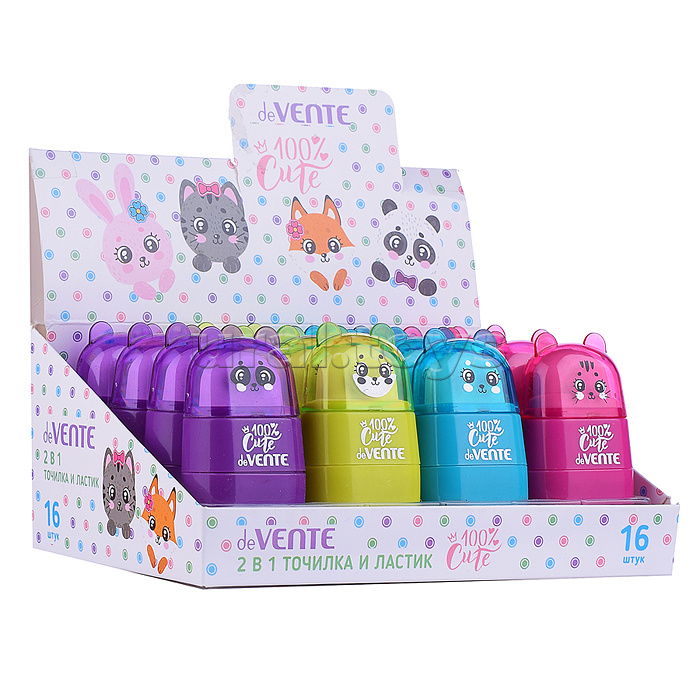 Точилка и ластик 2 в 1 "Cute" 2 отверстия, пластиковая цветная с контейнером, ластик белый из синтетического каучука, каждая с индивидуальной маркировкой, в картонном дисплее