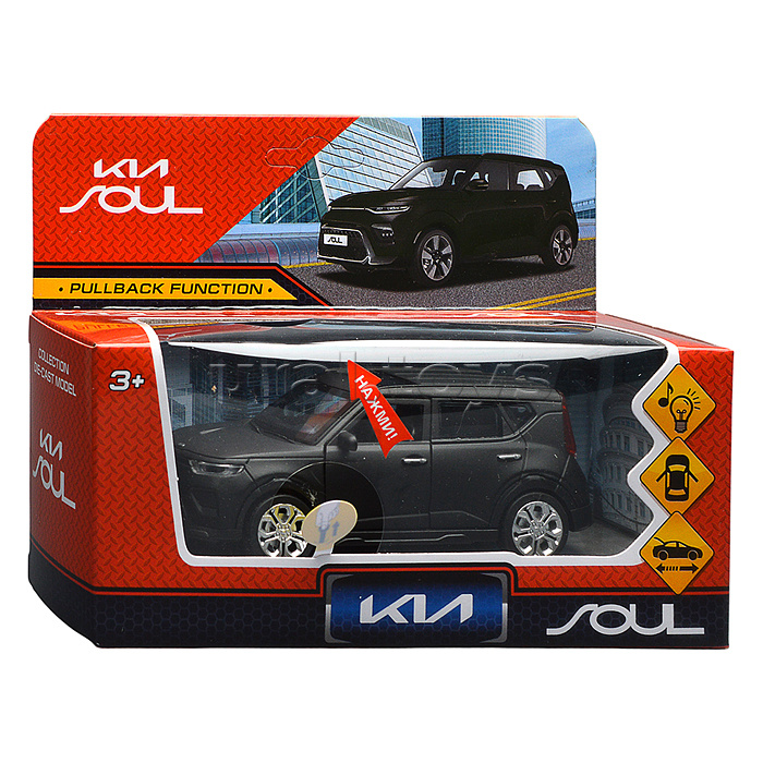 Машина металл KIA soul 12 см, (свет-звук, двер, черный матовый)инерц., в коробке