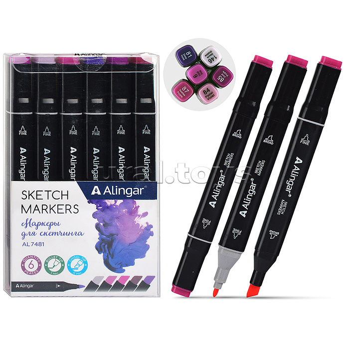 Набор двухсторонних скетчмаркеров 6 цв, фиолето-розовые цвета , пулевидный/клиновидный 1-6 мм Набор двухсторонних скетчмаркеров 6 цв, фиолето-розовые цвета , пулевидный/клиновидный 1-6 мм