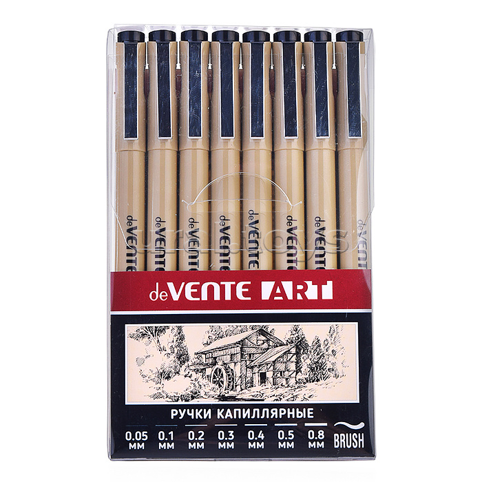 Набор ручек капиллярных "ART" 08 шт, d=0,05, 0,1, 0,2, 0,3, 0,4, 0,5, 0,8 мм и кистевидный, чернила - черные перманентные, круглый корпус, металлический клип, пишущий узел в металлической обойме (кроме кистевидного), в пластиковой коробке