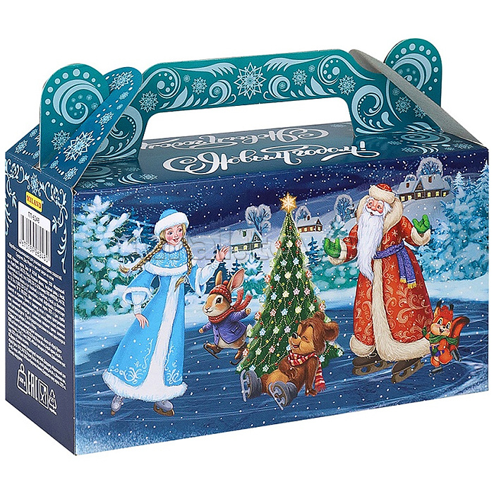 Коробка для конфет Сундучок "Дед Мороз и лесные звери на катке" 500г