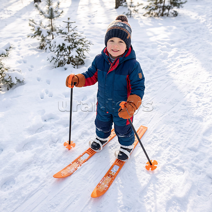 Лыжи детские ROCKET SKI MINI Лисёнок 66/75 см, крепление мягкое пластиковое, с палками стеклопластик (в сетке)