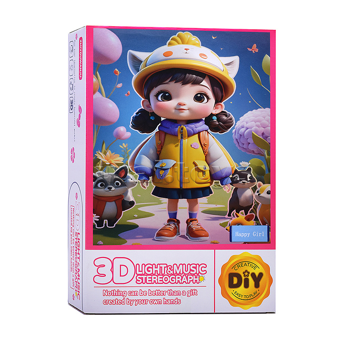 Ночник-пазл 3Д "Девочка-зоолог со зверушками" со светом и музыкой, в коробке