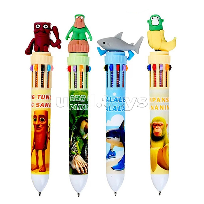 Ручка шариковая автоматическая "Итал.Мем" 10-ти цветная, пулевидный пиш.узел 0.7мм, корпус пластиковый цветной, 6 дизайнов, картонный дисплей