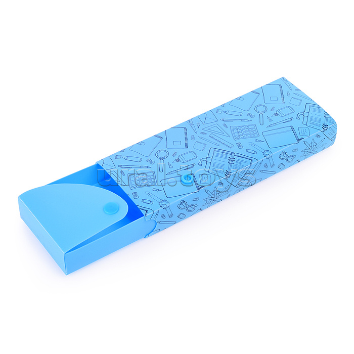 Пенал "School" 20x7,4x2,7 см, прямоугольный, выдвижной, на кнопке, пластик 600 мкм, фактура "песок" голубой с дизайном, в пластиковом пакете