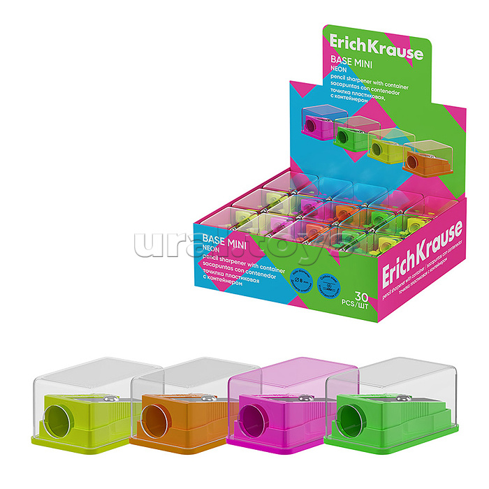 Точилка пластиковая Base Mini, Neon, с контейнером, ассорти (в коробке-дисплее по 30 шт)