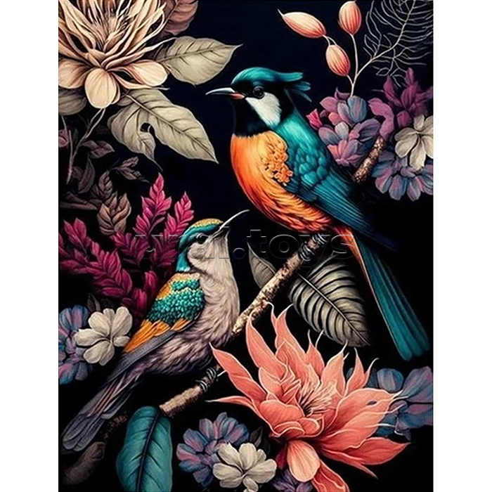 Картина по номерам 40х50 "Райские птицы" черный холст с поталью 28цветов