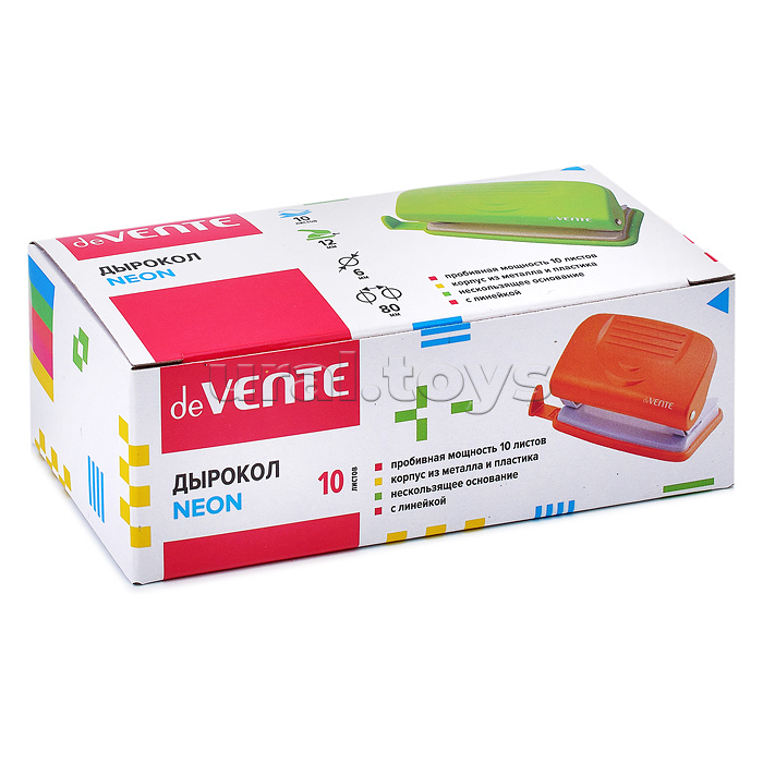 Дырокол "Neon" (10 листов) пластиковый с линейкой, в картонной коробке, неоновый голубой