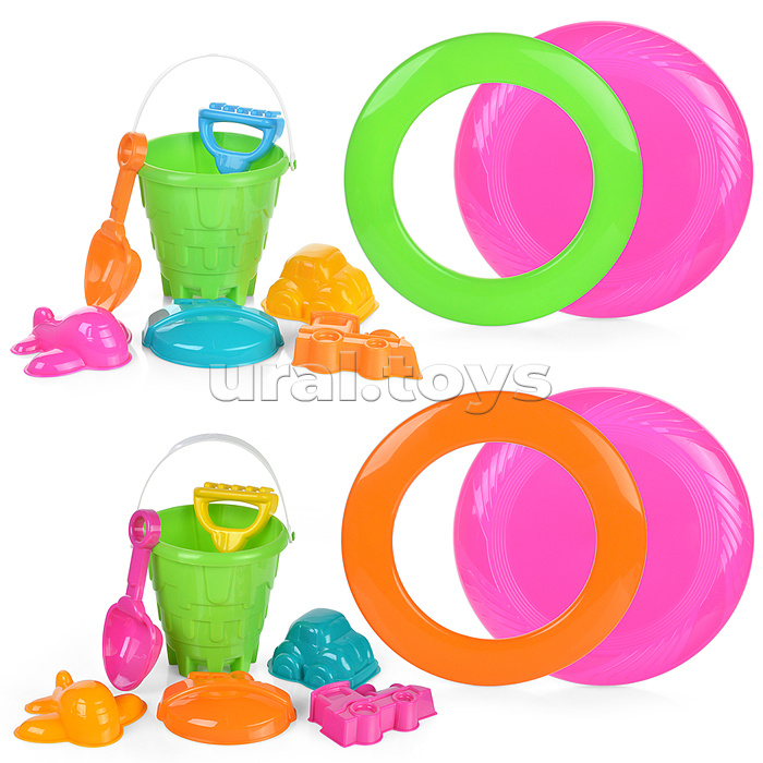 Набор летний №4 (ведро+совок+грабли+фрисби+кольцо+4 формочки)