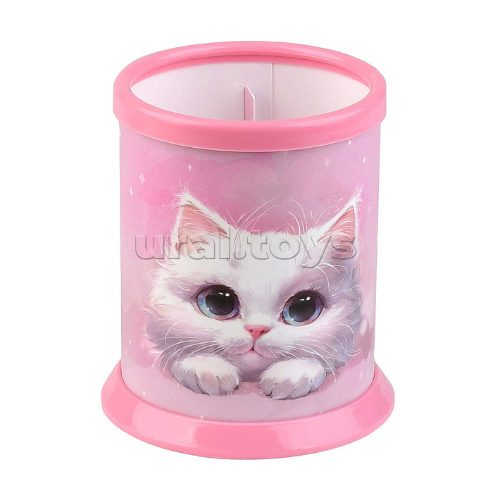 Подставка для канцелярских принадлежностей Феникс+, арт.73379/ 48 БЕЛЫЙ КОТ (7,6х10 см, полипропилен, цвет: розовый, УФ-печать, полноцветный дизайн, 1 отделение (-ия), ПЭТ-пакет с европодвесом и карто