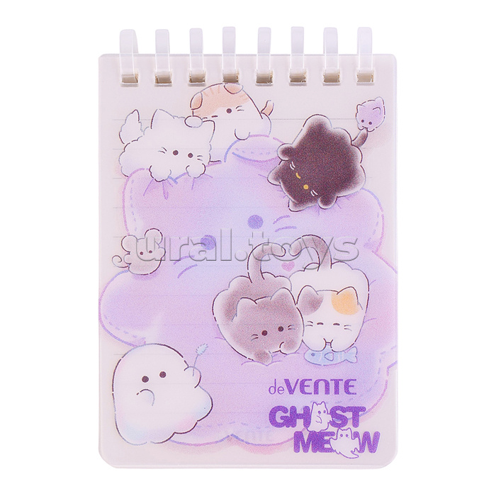 Блокнот "Ghost Meow" A7 (75 ммx105 мм) 160 стр, белая бумага 80 г/м² в линейку, пластиковая обложка на пластиковой спирали, цветная печать, в пластиковом пакете