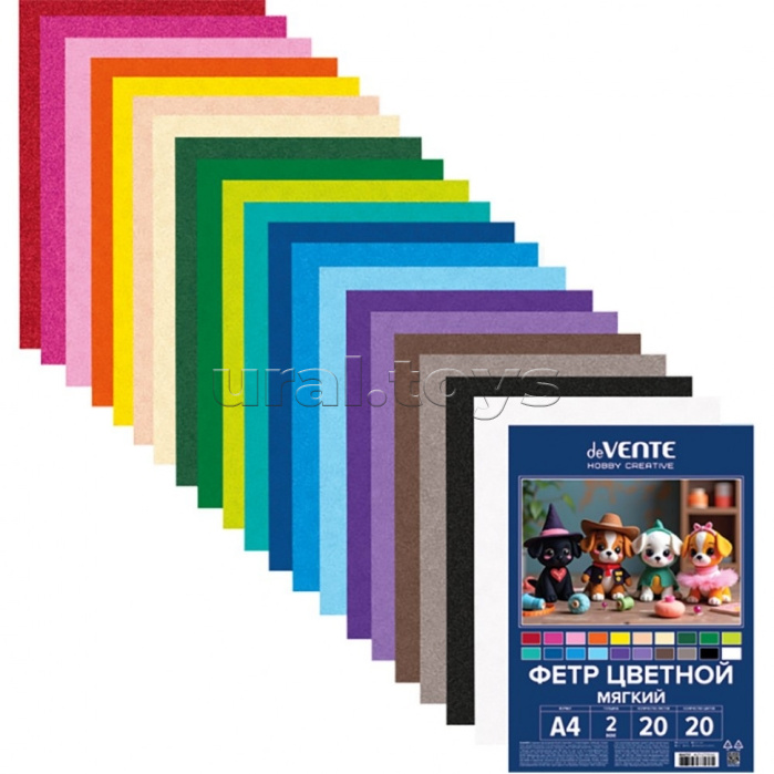 Фетр цветной мягкий A4 "Hobby Creative. Яркие цвета" 20 цв, 20 л, толщина 2 мм, пластиковый пакет с европодвесом