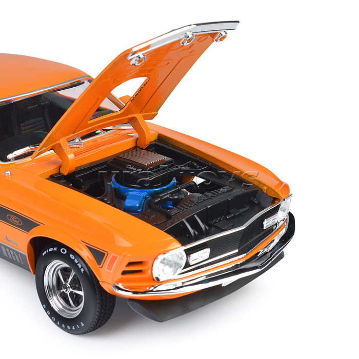 Машинка die-cast 1970 Ford Mustang Mach 1, 1:18,  оранжевая с принтом, открывающиеся двери