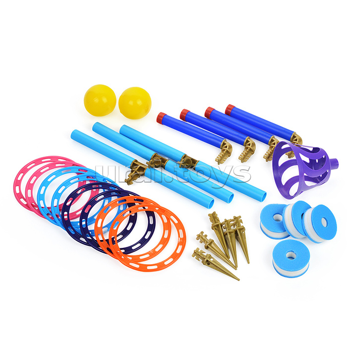 Плавающий кольцеброс - шароброс 3в1 (дом/улица/вода). 4 стойки + 8 колец, 1корзинка + 2 мяча, клин - 5 шт, поплавок - 4шт.