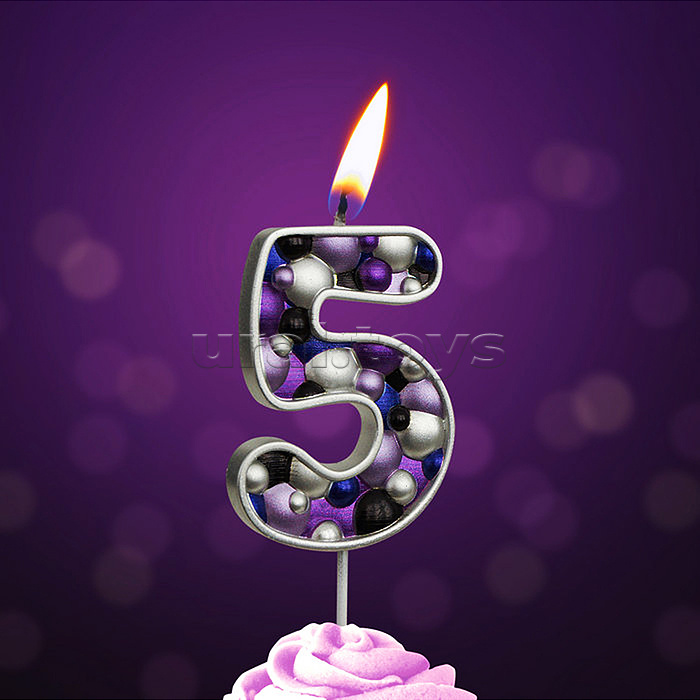 Свеча Цифра, 5 Пузырьки, на шпажке, Сиреневый, Металлик, 4*5,5 + 4 см, 1 шт. с держат.