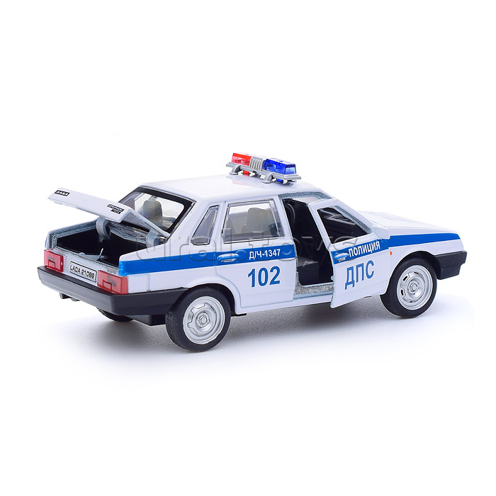 Машина металл LADA-21099 "Спутник" Полиция 12 см, ( откр. двери, багаж, белый) в коробке