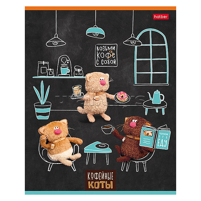 Тетрадь 48л клетка "Кофейные коты" 60-65г/кв.м на скобе 5 диз.в блоке скругл. углы