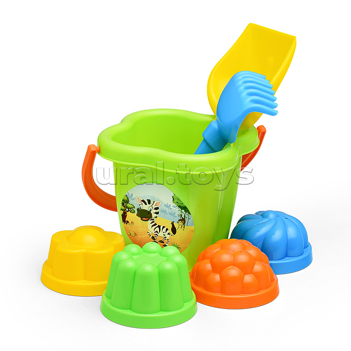 Набор №185: "Мираж", автомобиль-самосвал + ведро-цветок среднее, лопатка №5, грабельки №5, 4 формочки