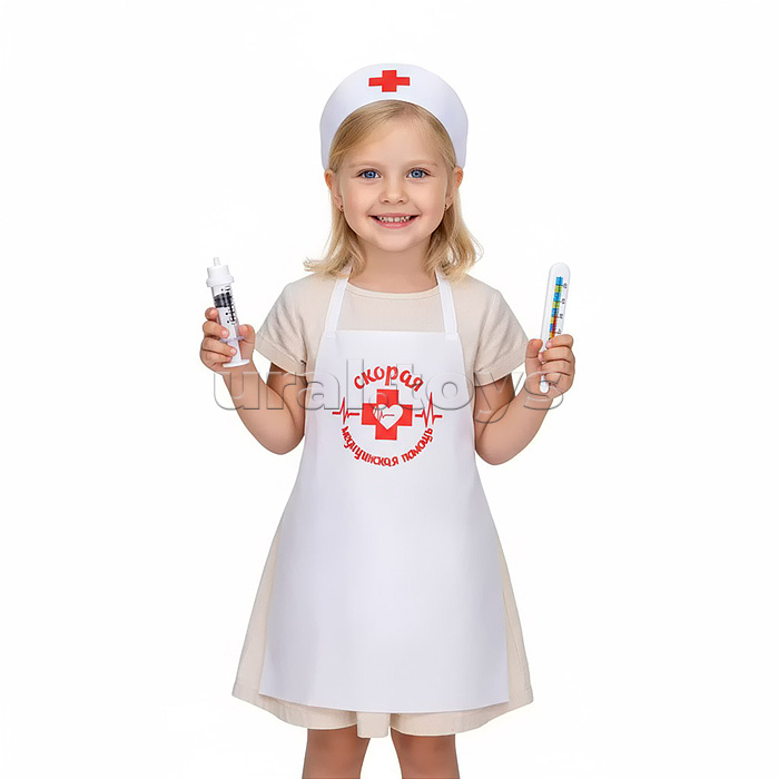 Набор "Медик" 4 предмета (накидка, колпак, градусник, шприц) белый