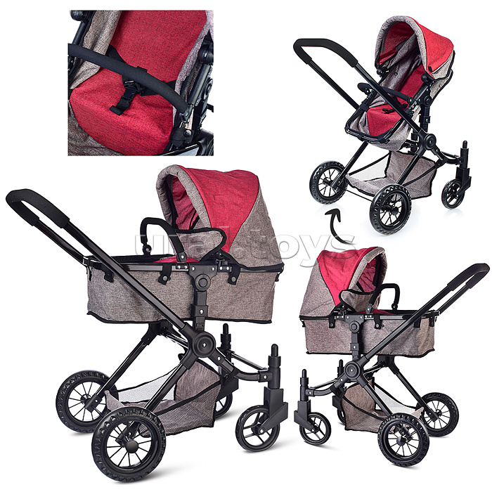 Коляска-трансформер для кукол, металлическая, с корзиной, цвет красно-серый