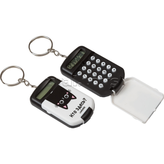 Калькулятор-брелок "Кто здесь?" 37x64x12 мм, 8 разрядный, автоматическое вычисление квадратного корня, процентов, с рисунком, в блистере с подвесом