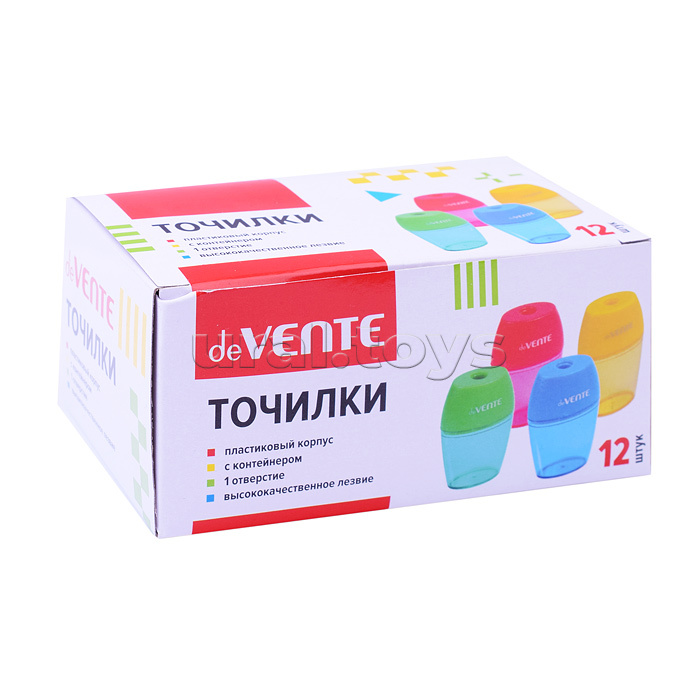 Точилка для карандашей, 1 отверстие, с контейнером, пластмассовая, овальная, в картонной коробке, ассорти Точилка для карандашей, 1 отверстие, с контейнером, пластмассовая, овальная, в картонной коробке, ассорти