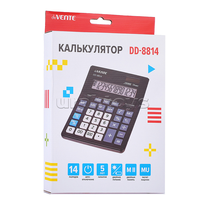 Калькулятор настольный DD-8814, 155x205x35 мм, 14 разрядный, двойное питание, двойная память, автоматическое вычисление процентов, наценки, клавиша "00" и "000" коррекция последнего введенного значения, функция смены знака, автоматическое отключение, прор