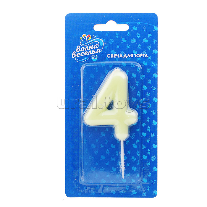Свеча Цифра, 4 Люминесцентная, Флуор, 3,5*8,5 см, 1 шт. с держателем