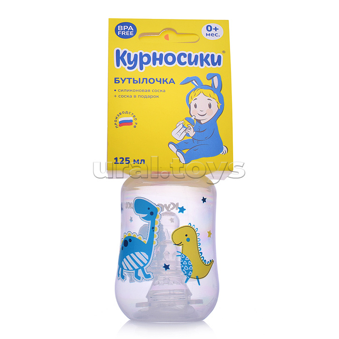 Бутылочка приталенная с 2-мя силиконовыми сосками без ручек "Зверята" 125 мл Бутылочка приталенная с 2-мя силиконовыми сосками без ручек "Зверята" 125 мл