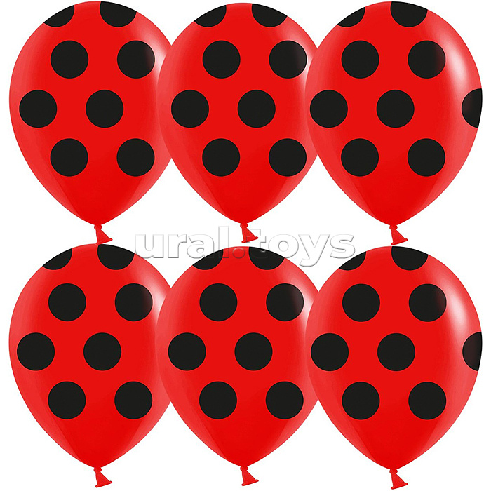 Шар (12''/30 см) Черные точки, Красный, пастель, 5 ст, 25 шт.
