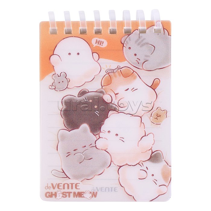 Блокнот "Ghost Meow" A7 (75 ммx105 мм) 160 стр, белая бумага 80 г/м² в линейку, пластиковая обложка на пластиковой спирали, цветная печать, в пластиковом пакете
