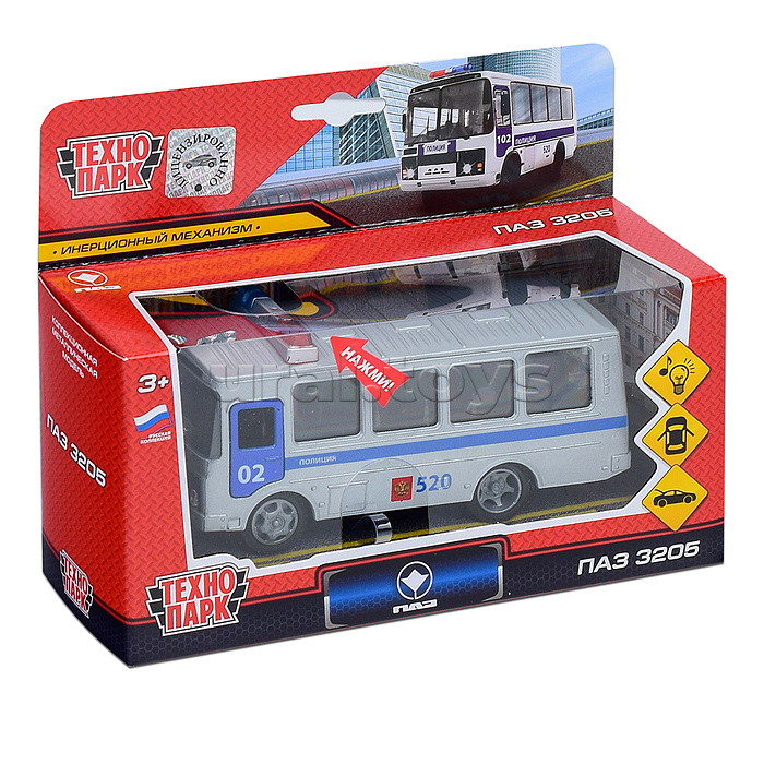 Машина металл ПАЗ 3205 14 см, (свет-звук, дв., багажник) инерц., в коробке