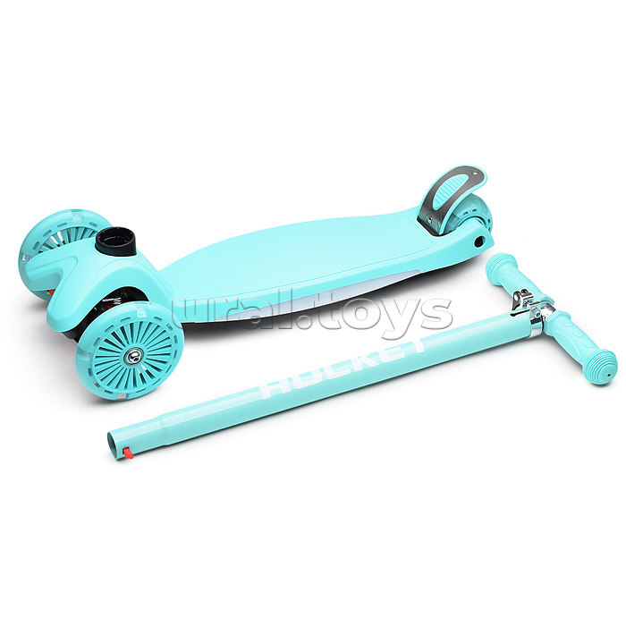 Самокат 3-х колесный ROCKET,колеса PU со светом, ABEC 7, бирюзовый
