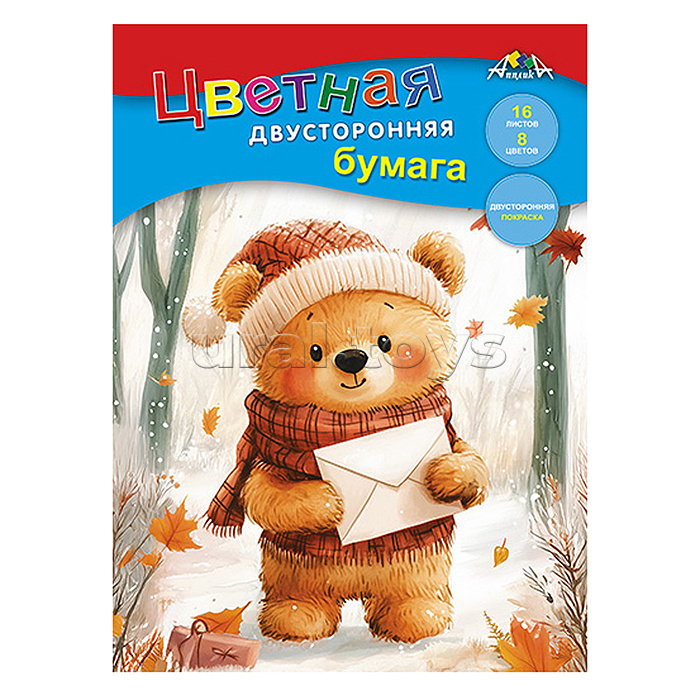 Бумага цветная 16л. 8 цв. двухсторонняя А4 "Мишка с письмом"