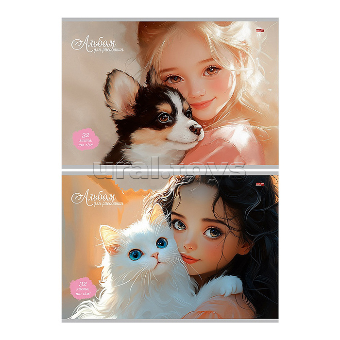 Альбом для рисования 32л. А4 "Девочка и зверушка" скрепка, 2 дизайна