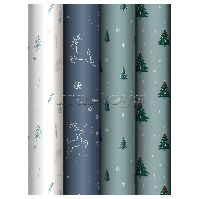 Упаковочная бумага глянц. 70*100см, "Christmas tree", 80г/м2, ассорти 4 дизайна