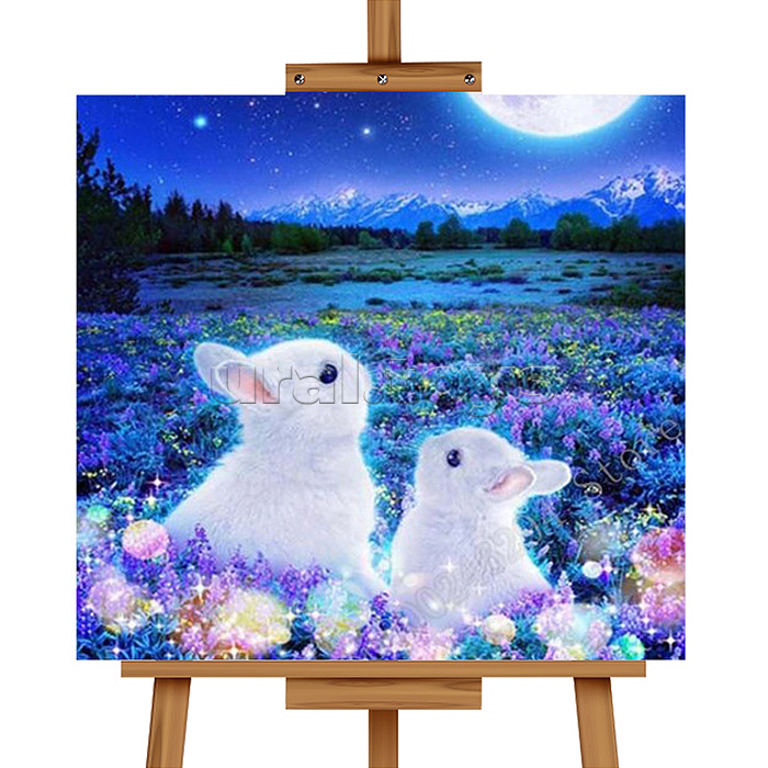 Мозаика алмазная "Кролики в полнолуние" (светится в темноте) 20*20см.
