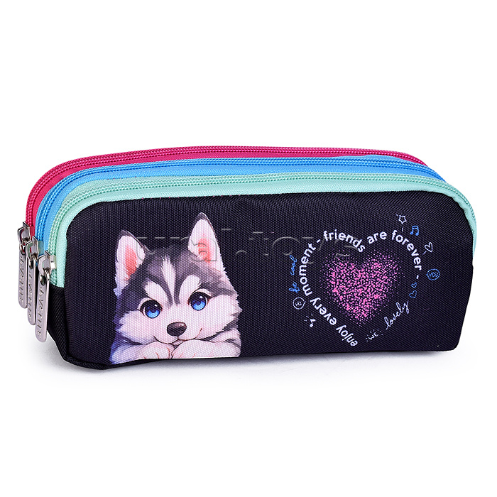 Пенал "Cute Husky" 21x8,5x5,5 см, прямоугольный для 60 предметов, плотный износостойкий полиэстер с водоотталкивающей пропиткой, 3 отделения на молнии, с молниями 3-х цветов Пенал "Cute Husky" 21x8,5x5,5 см, прямоугольный для 60 предметов, плотный износостойкий полиэстер с водоотталкивающей пропиткой, 3 отделения на молнии, с молниями 3-х цветов