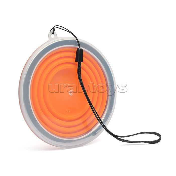 Стакан складной "Ultra thin" 270 мл, диаметр 10 см, высота 8,5 см, в сложенном виде 1,5 см, силиконовый, с металлическим ободком, с прозрачной пластиковой крышкой, с петлей для переноски, неоновый оранжевый