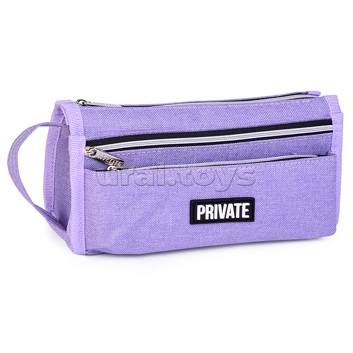 Пенал "Private" 21x10x7,5 см, прямоугольный для 60 предметов, текстильный, на молнии, 2 наружных объемных кармана на молнии, органайзер, с аппликацией из каучука, с ручкой-петлей, сиреневый Пенал "Private" 21x10x7,5 см, прямоугольный для 60 предметов, текстильный, на молнии, 2 наружных объемных кармана на молнии, органайзер, с аппликацией из каучука, с ручкой-петлей, сиреневый