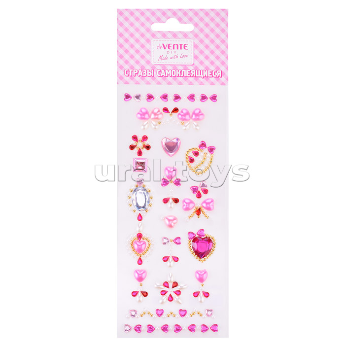 Стразы самоклеящиеся "Сердечки" акриловые, карточка 7,5x18 cм, цвета ассорти, в пластиковом пакете с блистерным подвесом