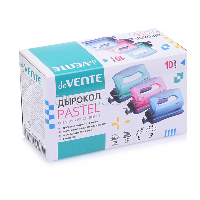 Дырокол "Pastel" (10 листов) пластиковый с каучуковой вставкой, с линейкой, в картонной коробке, 3 пастельных цвета ассорти Дырокол "Pastel" (10 листов) пластиковый с каучуковой вставкой, с линейкой, в картонной коробке, 3 пастельных цвета ассорти